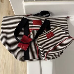 Henri Bendel Brown and White Striped Tote and toiletry bag with Red Accents
